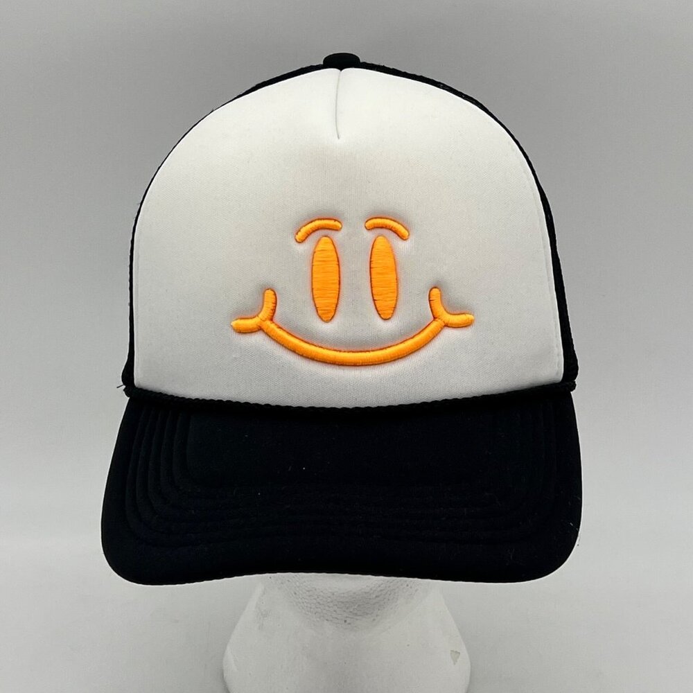 Smiley Face Trucker Hat Cap Mesh Back Black White Snap Back By Outdoor Cap